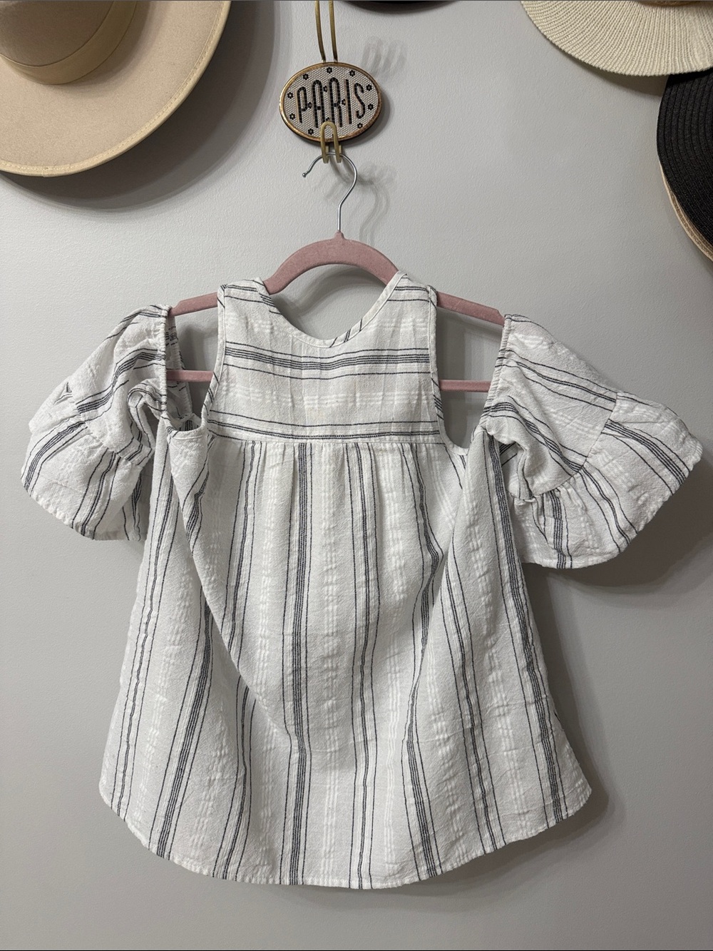 glam White and Gray Striped Cold-Shoulder Top